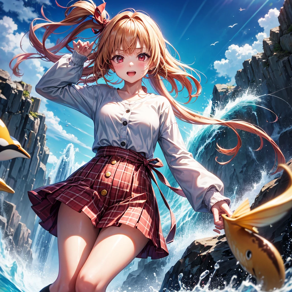 Pink gold golden hair、Red eyes、One good looking girl、solo、anime、Checkered mini skirt、The skirt has buttons、one piece、Blue camisole、White T-shirt、、Long sleeve、Black knee-high socks、Wearing a ribbon、Ribbon on waist、Tilting face、Teeth are visible、waterfall、tunnel、Sunset sky、The water surface is exploding、The rocks are exploding、Penguins are walking、Snow is piled up、Magician