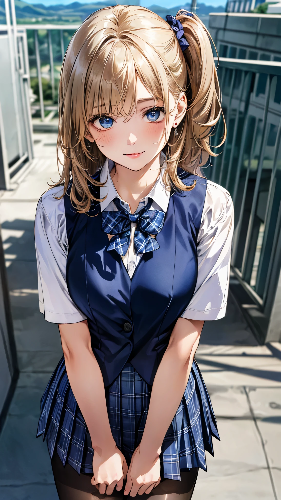 (masterpiece:1.3, top-quality, ultra high res, ultra detailed), (realistic, photorealistic:1.4), beautiful illustration, perfect lighting, natural lighting, colorful, depth of fields, surrealism, 
beautiful detailed hair, beautiful detailed face, beautiful detailed eyes, beautiful clavicle, beautiful body, beautiful chest, beautiful thigh, beautiful legs, beautiful fingers, shiny skin, babyface, 
looking at viewer, (face focus), 1 girl, japanese, high school girl, (perfect anatomy, anatomically correct, super detailed skin), cute and symmetrical face, perfect face, perfect eyes, parfect fingers,
(middle hair, (two side up), sandy beige hair), asymmetrical bangs, blue eyes, big eyes, long eyelashes, (large breasts:1.2, seductive thighs), slender, outstanding style, 
((detailed cloth texture, break,break, white collared shirt, break,break, navy blue suit vest, break,break, blue plaid pleated skirt, break,break, blue bow tie, ), ), 
(beautiful scenery), evening, (school rooftop), sitting floor, (seductive smile, upper eyes, parted lips),