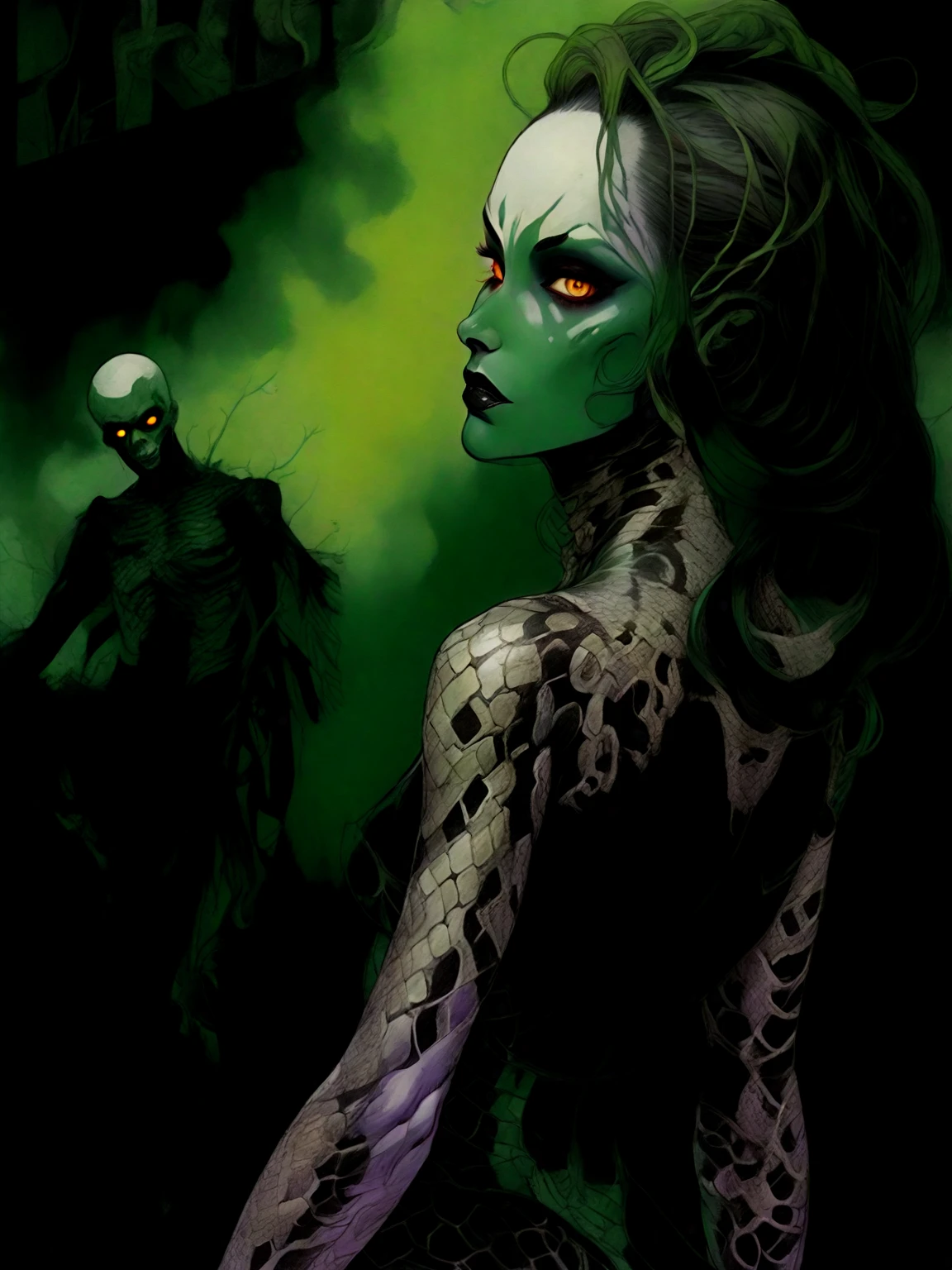 Medusa, splash page decompressed comic cover art, ink style figure,((expressive Joelle Jones and "Sean Gordon Murphy" comic drawing)), wordless, cinematic poster, double exposure, optical illusion, image within image, abyss void black no visibility darkness, full length portrait, (background, pine barrens, entropy, rewilding, magic hour sunset, galaxy stars, cosmos), (horror, abstract, surreal, body, cosmic), candid, snake skin dress, morphology anatomy drawn Frederic Delavier musculature anatomical illustration, (face, ornate black metal corpse paint, resembles Grace Jones), (body, Naga, snakefolk, lower body snake tail, snake woman hybrid, bald, hairless, skeleton, snake skin tattoos, piercing eyes, snake pupils, over the shoulder), (colors, bleak muted deep fiery radiant glowing ROYGBIV, forest green, earth brown), craftsmanship nuance, (Gerardo Zaffino charcoal), subliminal orchids, nyctophobia, silhouette
