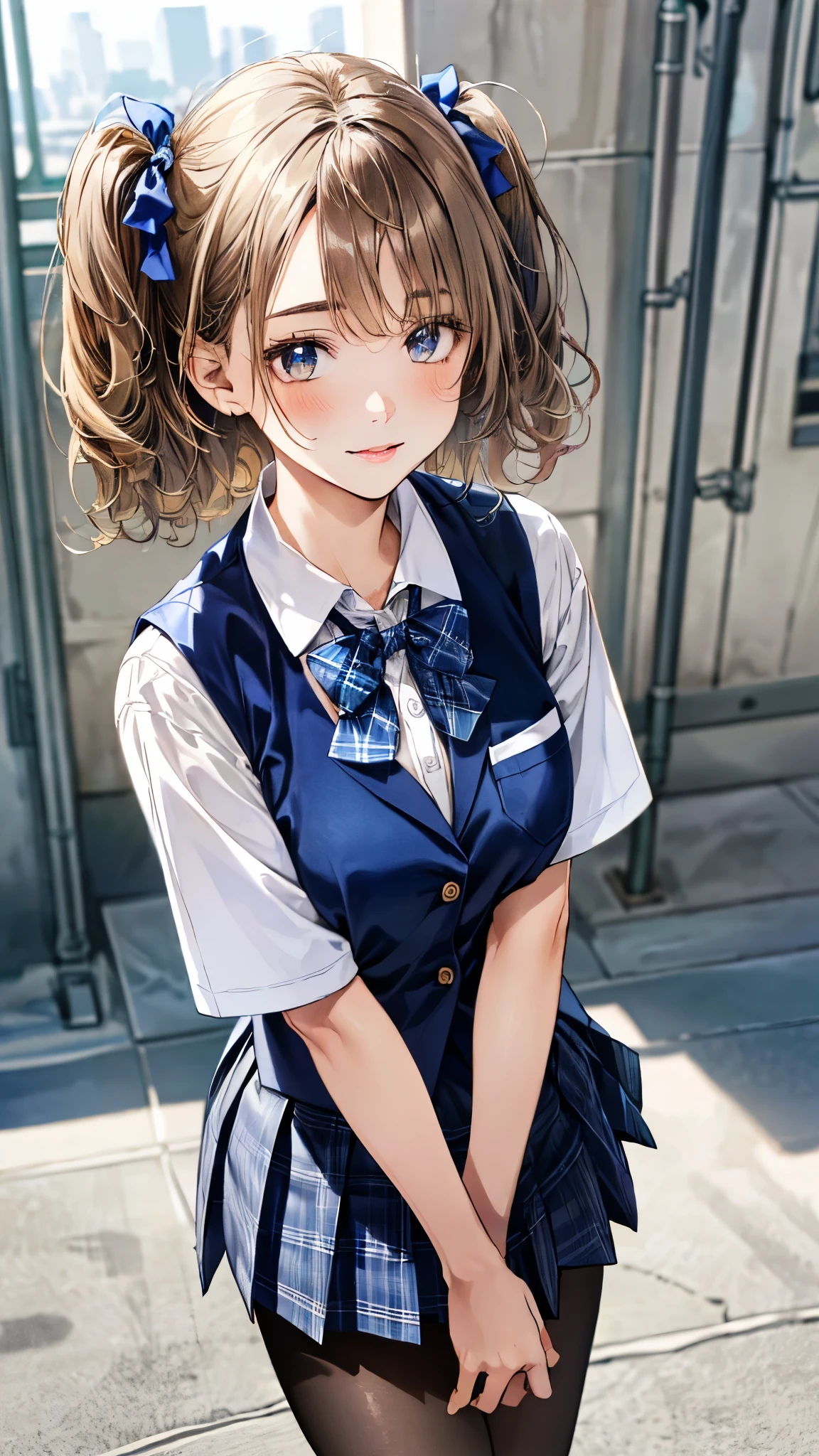 (masterpiece:1.3, top-quality, ultra high res, ultra detailed), (realistic, photorealistic:1.4), beautiful illustration, perfect lighting, natural lighting, colorful, depth of fields, surrealism,
beautiful detailed hair, beautiful detailed face, beautiful detailed eyes, beautiful clavicle, beautiful body, beautiful chest, beautiful thigh, beautiful legs, beautiful fingers, shiny skin, babyface,
looking at viewer, (face focus), 1 girl, japanese, high school girl, (perfect anatomy, anatomically correct, super detailed skin), cute and symmetrical face, perfect face, perfect eyes,
(middle hair, (two side up), sandy beige hair), asymmetrical bangs, blue eyes, big eyes, long eyelashes, (large breasts:1.2, seductive thighs), slender, outstanding style,
((detailed cloth texture, break,break, white collared shirt, break,break, navy blue suit vest, break,break, blue plaid pleated skirt, break,break, blue bow tie, black pantyhose), loafer),
(beautiful scenery), evening, (school rooftop), standing, arms behind back, (lovely smile, upper eyes),