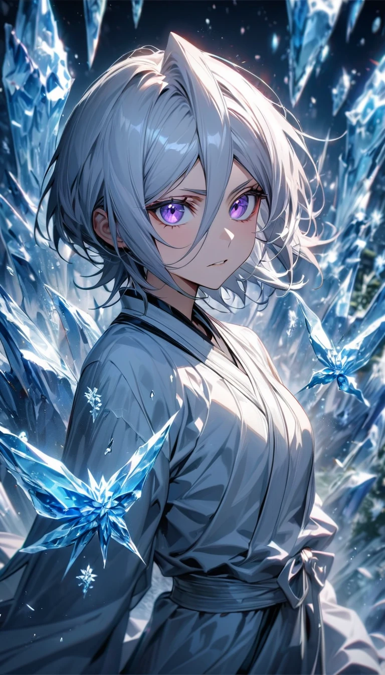 absurdres, highres, ultra detailed, HDR, master piece, best quality, extremely detailed face and eyes, Kuchiki Rukia, white hair, short hair, expressive light-purple eyes, white eyelashes, Bleach, solo, girl, extremely beautiful, white shinigami clothes, ice, ice flowers, ice butterflies, ice trees