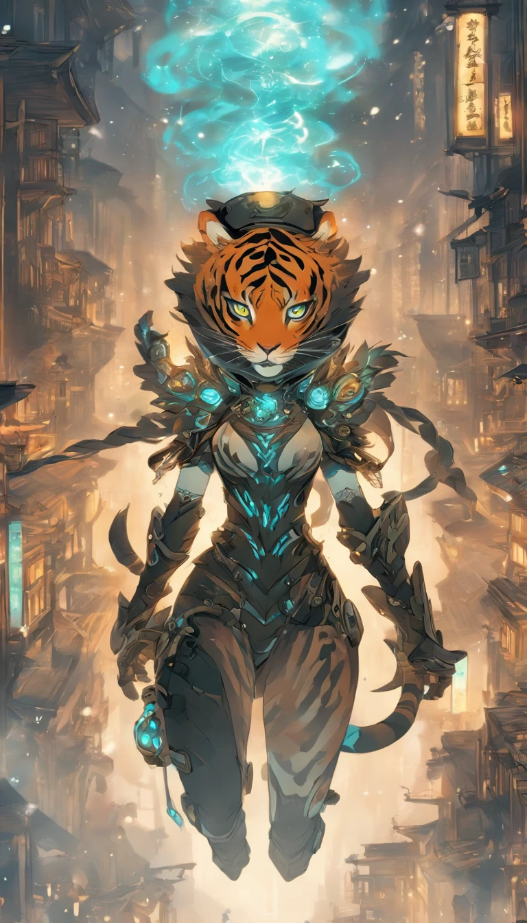 Chinese ink style,Steampunk world,Tiger-shaped steampunk warframe girl,Jet steam is suspended in the city air,Ink animation art,Ink comic art,water ink,ink,Smudge,8K,Delicately portrayed,Works of masters,Black and white tones