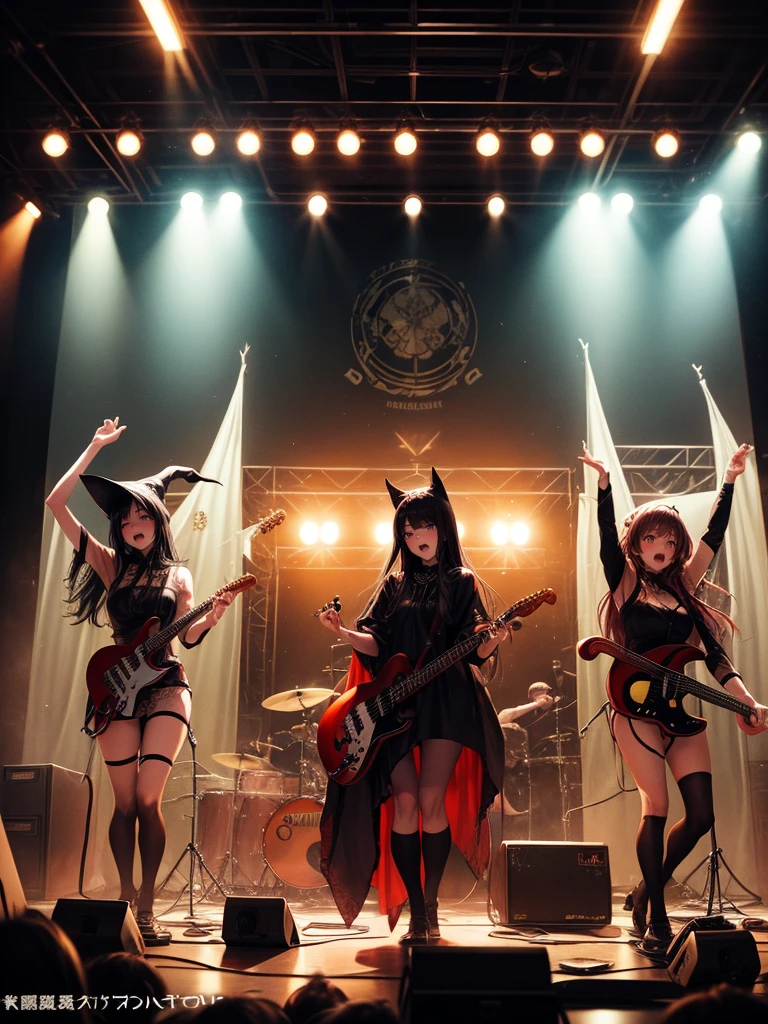 A three-woman metal band dressed in witch costumes、Arrived in Japan and held a mass at a live venue、Neck slashing pose、The intense performance was a huge success、Metal band performance、Fearless expression、Live venue lighting、The band&#39;s concept was a reaction to the witch hunts that swept through medieval Europe.、Electric guitar