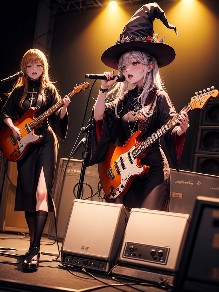 A three-woman metal band dressed in witch costumes、Arrived in Japan and held a mass at a live venue、Neck slashing pose、The intense performance was a huge success、Metal band performance、Fearless expression、Live venue lighting、The band&#39;s concept was a reaction to the witch hunts that swept through medieval Europe.、Electric guitar