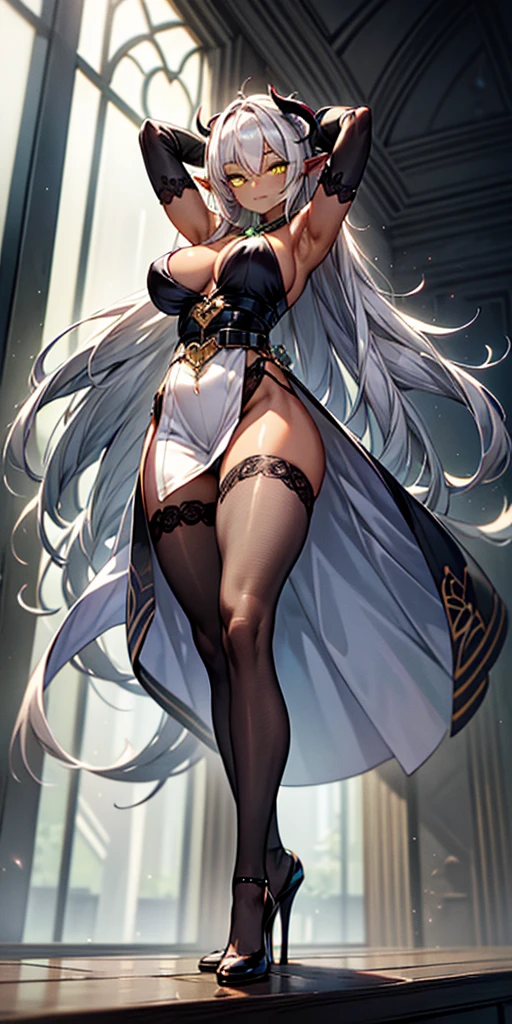 1solo girl Qun Qun Na Olganite dark skin elf succubus, white silver long hair, yellow eyes, white dress, black stockings, white high heels, jewelry necklace, fur coat, big belt heart shaped, portrait full body view from below, detached sleeves arms up showing shaved armpits
