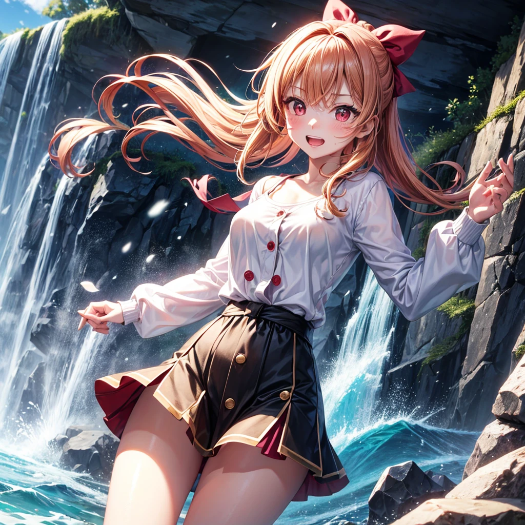Pink gold golden hair、Red eyes、One good looking girl、solo、anime、Checkered mini skirt、The skirt has buttons、one piece、Blue camisole、White T-shirt、Long sleeve、、Black knee-high socks、Wearing a ribbon、Ribbon on waist、Tilting face、Teeth are visible、waterfall、tunnel、Sunset sky、The water surface is exploding、The rocks are exploding、Penguins are walking、Snow is piled up、Magician