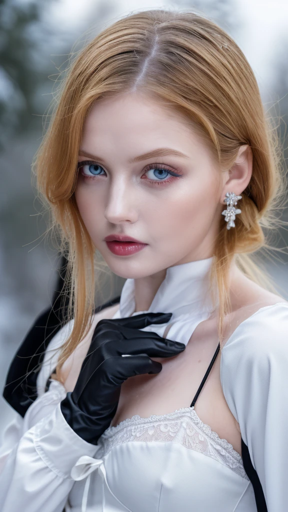 1 miniature Beautiful beautiful woman - Yuan Sayuki, ((top quality, 8K, Masterpiece:1.retty woman, 1 woman, huge breasts:1.3, a slim body:1.1, lush GINGER long hair with 2 ponytailed buns, (shower, wet body, wet clothes:1.1), very detailed face, detailed lips, detailed eyes, double eyelids, Detailed blue eyes, чрезвычайно Detailed Outstanding Blue Eyes, long GINGER wet hair, GINGER wet hair with 2 ponytails, Detailed Outstanding Blue Eyes, innocent look at the viewer, very wet wavy white hair, Detailed Outstanding Blue Eyes, huge cross earrings, Outdoors, badges behind, gothic maid uniform, sexy maid dress, bare chest, huge chest tattoo, detailed huge catholic cross earrings, chest tattoo, Outside, wear a silver cross (Detailed cross shape), reality mode, wet breasts, black necklace, human crowd behind, black latex gloves, hair of white snowy colour, night time, red neon lights, demonic nun, nimbus (golden lighting ring above her head), angel, snowy weather, sexy pose, white lingerie, black maid dress, detailed flower wreath made of different colours, open chest