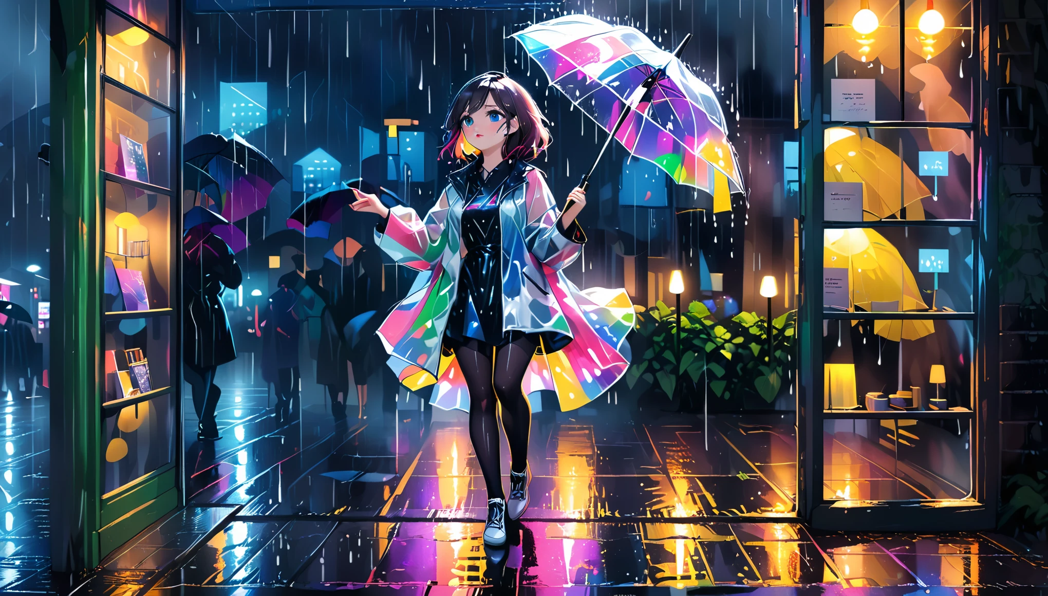 (best quality,ultra-detailed,realistic:1.37), humor,comic style,bold lines, a girl in a city at night,wearing made of transparent vinyl rainbow colored rain coat,holding an umbrella,((dancing in the rain like Singin' in the Rain:1.8)),Close to cold colors,reduce saturation,((natural color:2.8)) full-body image,medium:oil painting,detailed face,beautiful eyes and lips,dark and moody atmosphere,vibrant colors,streaks of raindrops,city lights reflecting on wet streets,glowing umbrellas in the background,shimmering rain-soaked pavement,ethereal and dreamy lightin,((lined up shop windows and narrow sidewalk background:2.0))