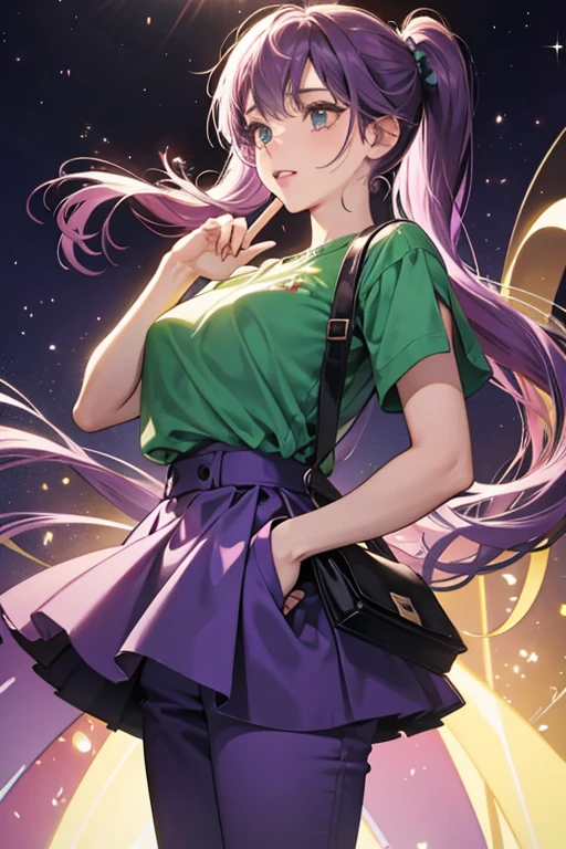  light violet skin and dark violet hair that is done up with two short pigtails held up by green knots. Her attire is basic; consisting of a green shirt and dark purple pants and black shoes. She is occasionally seen with a blue backpack.  SPARKLE; GLITTER