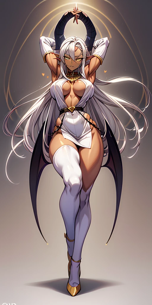 Pirotess dark elf. 1solo girl Qun Qun Na Olganite dark skin elf succubus, white silver long hair, yellow eyes, white dress, black stockings, white high heels, jewelry necklace, fur coat, big belt heart shaped, portrait full body view from below, detached sleeves arms up showing shaved armpits