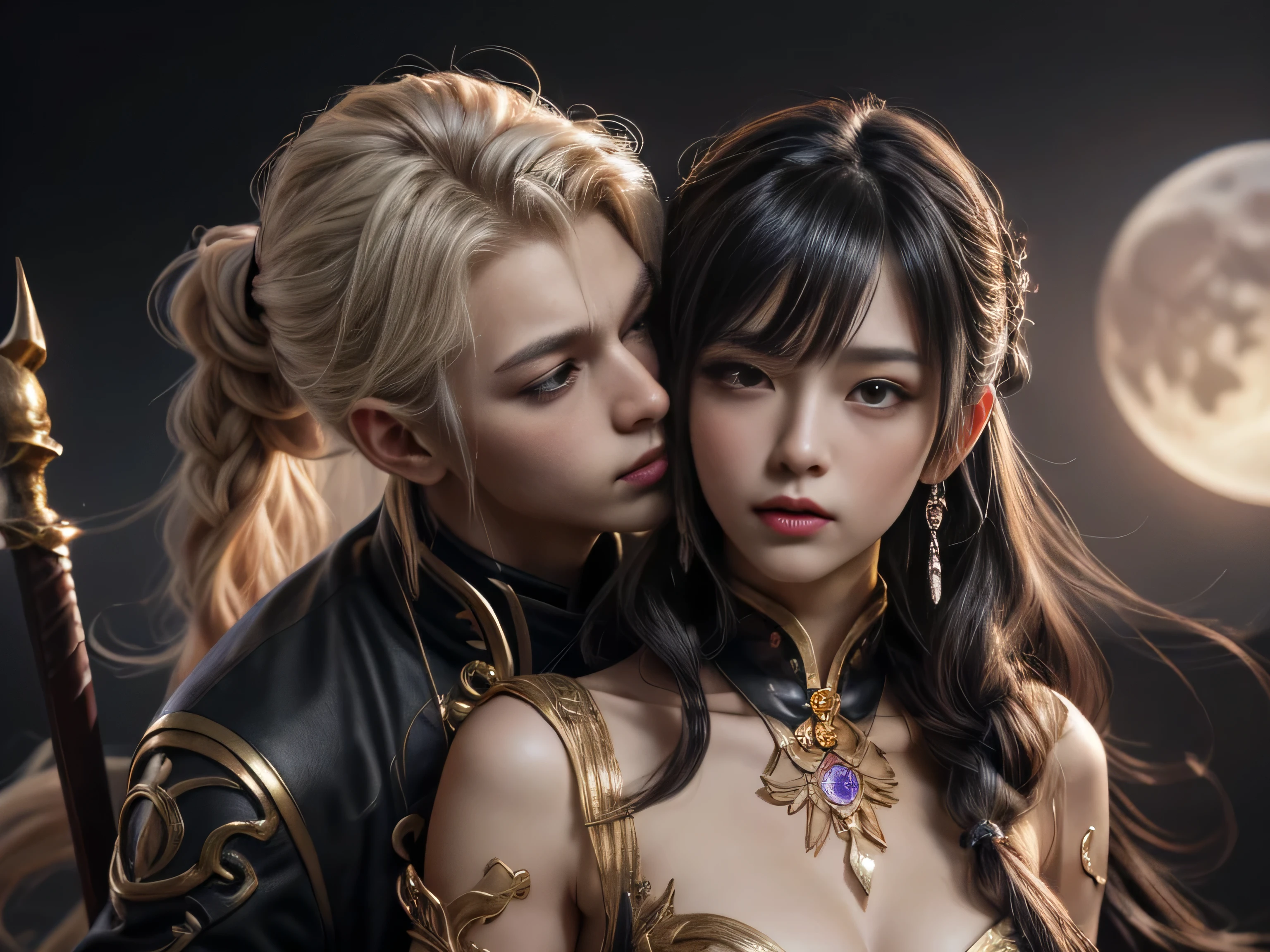 image of a man and woman couple kissing under the pink moon, Ren Renfa digital painting, Tumblr, fantasy art, xianxia fantasy, fox fantasy love, gorgeous art, love concept art, Sha Xi, 8k)), high quality fanart, Chinese fantasy, beautiful art, long, fan art, beautiful avatar pictures, Cai Xukun, 8k character details, high quality anime art, high quality illustration, detailed anime wallpapers, detailed anime art, hyper realistic, elegant, high quality realistic anime art, ((Finely drawn eyes )) [Perfectly detailed eyes((Beautiful eyes, like jewels) drawn in very detail)[clearly drawn pupils]],[eye light[Accurate eye lighting]],[long and beautiful eyelashes],[accurately drawn hair [Beautiful and shiny hair, detailed]], (Perfect hand-detailed [Beautiful fingers without damage [beautiful nails]]), (perfect anatomy (perfectly balanced proportions)) [[Full-length portrait]], [perfect color combination (Accurate imitation of interaction light and materials)],([Precise detail](detail, high)),[Visual art that tells a story],((highest quality)high [[High density drawing]])(4K quality)