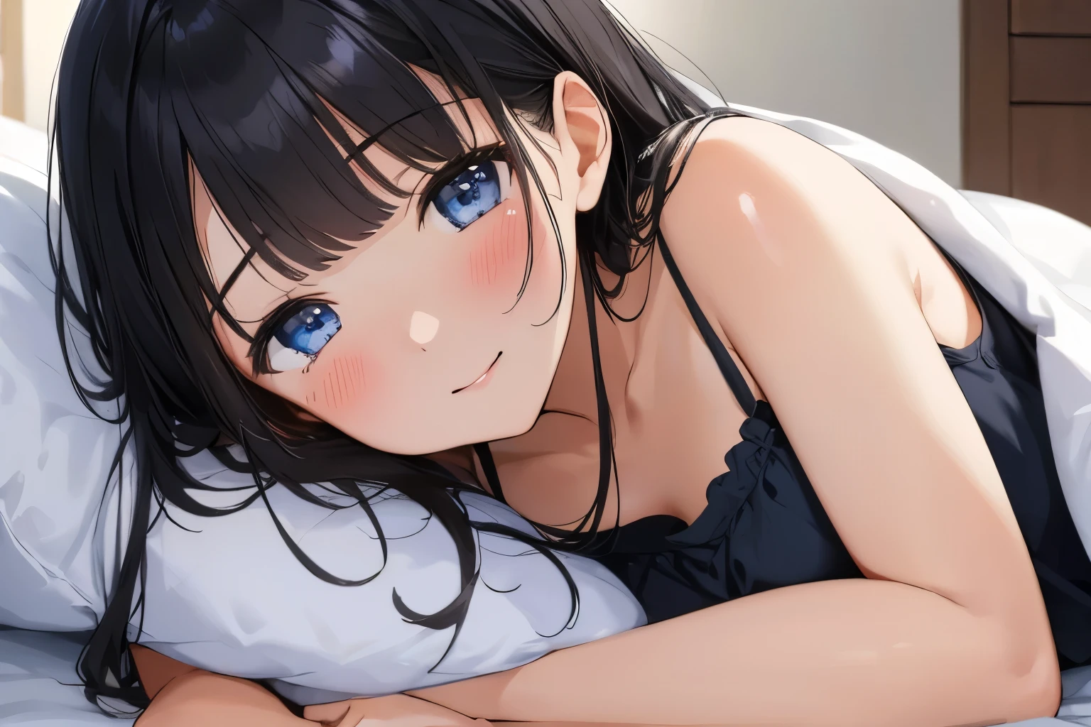 Masterpiece、highest quality、1 female、Super detailed　Black Hair、bangs　Blue Eyes、Detailed depiction of the eyes　Smiling、blush　camisole　Face is close、Facial Close-up、Bring your face closer　Sheetsに寝転がる、Lying on your side、Spread your shoulders、hug　Sheets