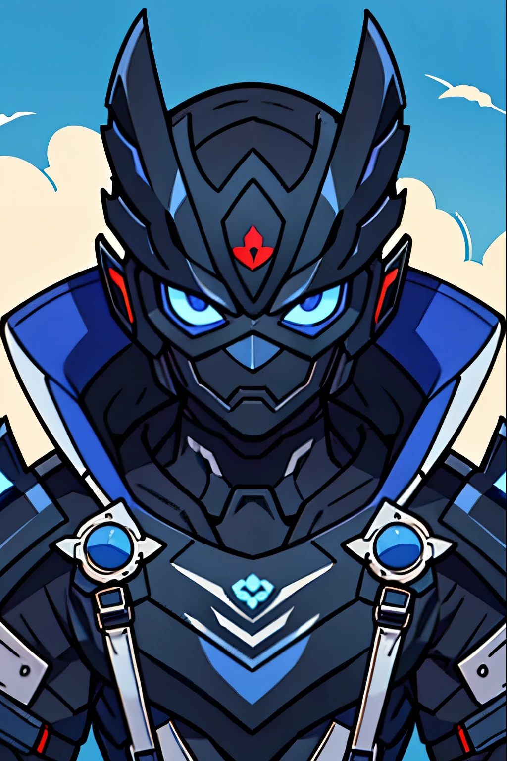 male性、masterpiece, highest quality,, (highest quality), (Best illustrations), whole bodyが見える、maskをかぶっている、Black Hair、Based on black and blue、Armor、male、character、mask、I can't see your face、whole body、Astringent、SF、Toes