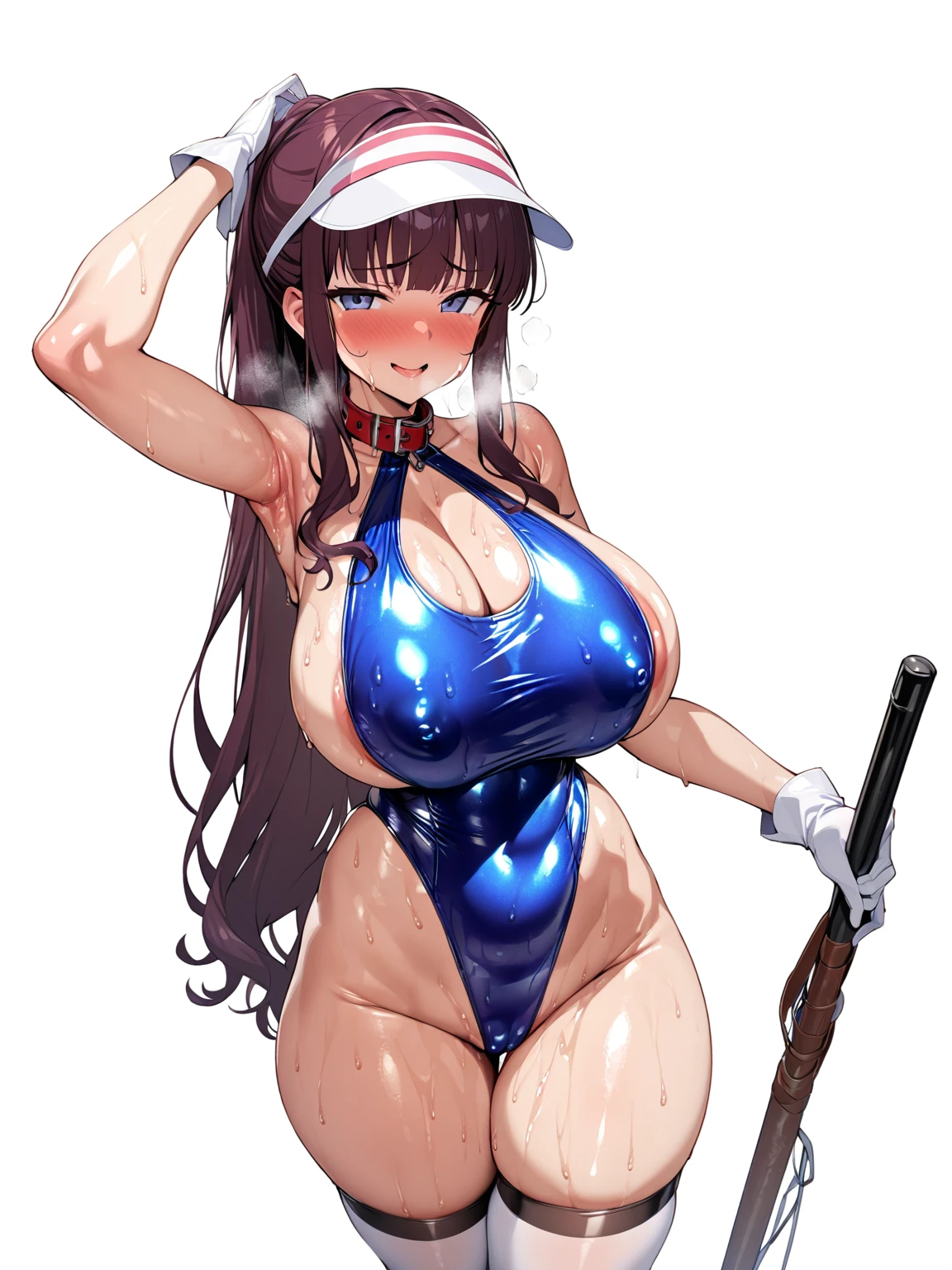 takimoto hifumi,(((see-through Shiny glossy high leg leotard swimsuit,thigh-high socks,See-through long gloves))),Rough breathing, sweaty body,Blushing, looking shy and glaring at me,Heavy breathing,saliva, sweat, Sweaty and wet all over,((Perfect body,))((Super beautiful,))((High quality,))pov, Looking at Viewer,gigantic breast,collar,nsfw,Sun visor,smile,