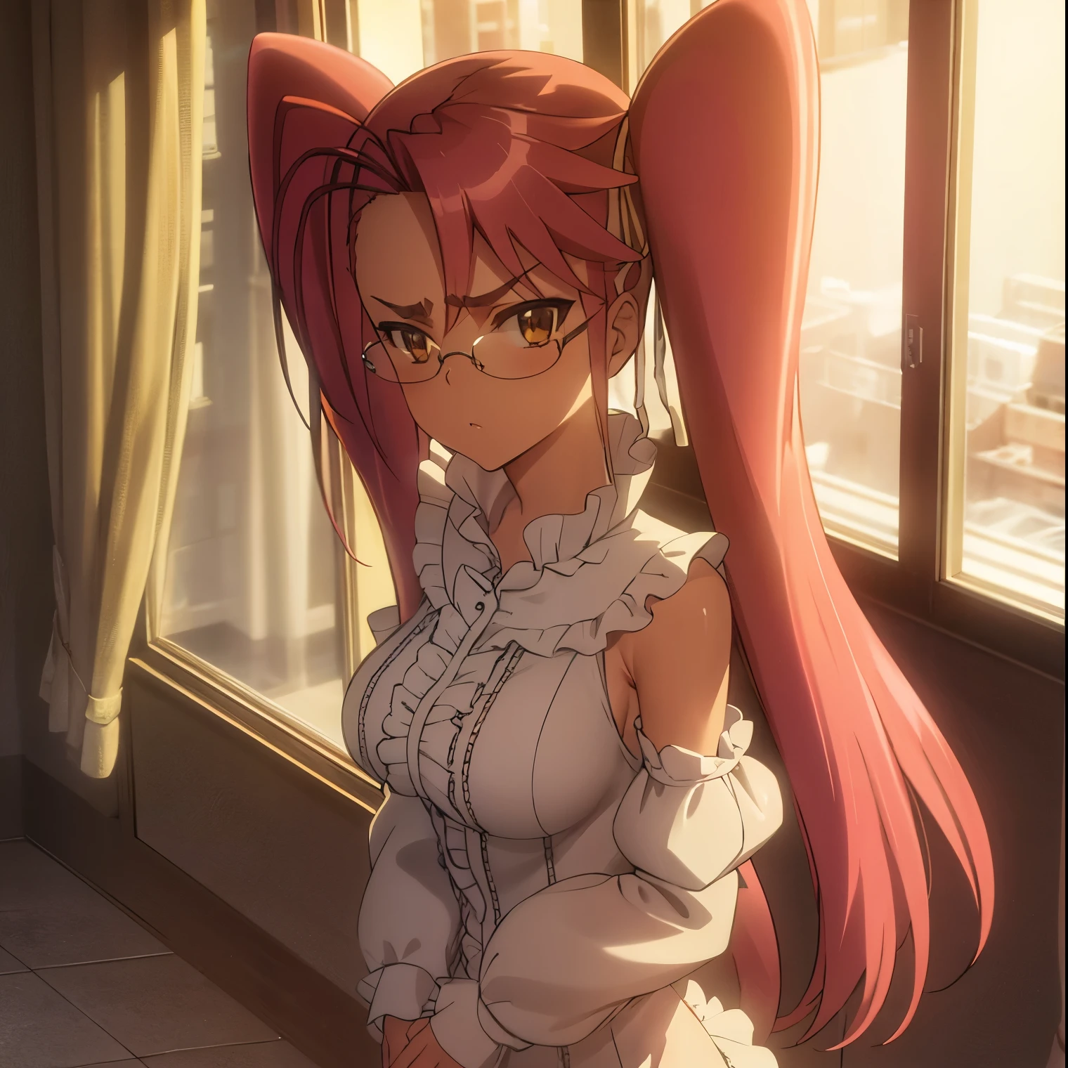 1 girl, alone, saya takagi, long hair, ribbon, two pigtails, (brown eyes: 1.5), hair ribbon, pink hair, glasses, bare shoulders, black gloves, Chinese clothing, claw ring, loose sleeves , dress, elbow-length gloves, ruffled sleeves, ruffles, fur collar, looking at viewer, standing, leaning forward, arms behind back, indoor, classroom, large breasts, medium waist, wide hips, medium thighs ,round butt,pov(from above)(masterpiece: 1.2), best quality, high resolution, unity 8k wallpaper, (artwork: 0.8), (beautiful detailed eyes :1.6), extremely detailed face, perfect lighting, CG extremely detailed (perfect hands, perfect anatomy),