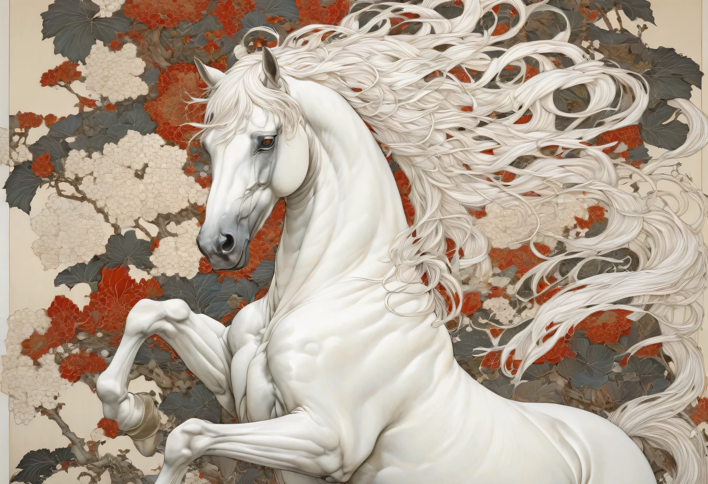 painting of a white horse with a long mane and a mane, by Takato Yamamoto, (highest quality, masterpiece, Representative works, Official Art, Professional, Super intricate details, 8k)