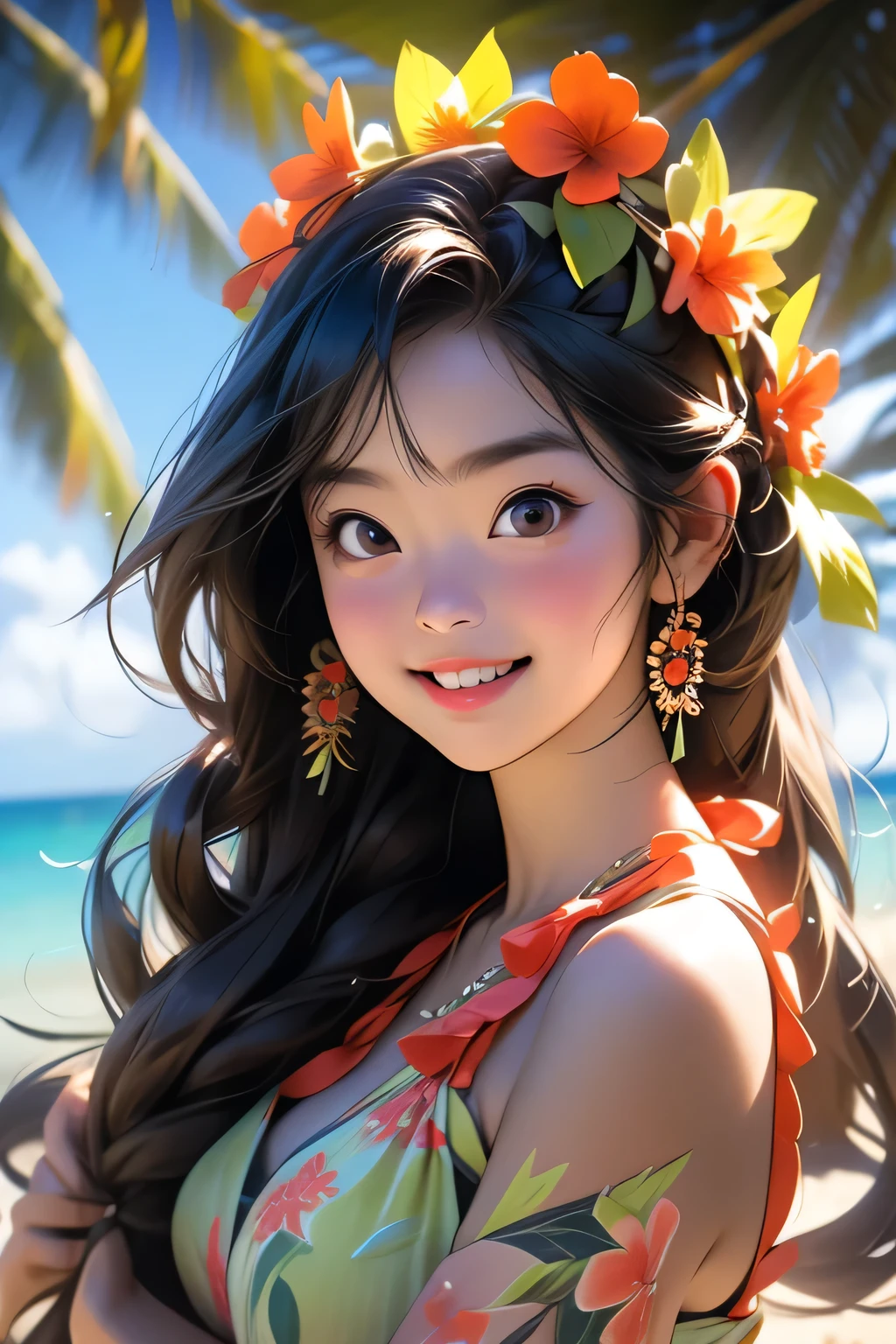 1girl, Hawaii、Hawaiian、hula、Hula costume、Summer Resorts、(Upper body portrait)、Smiling with big round eyes、
