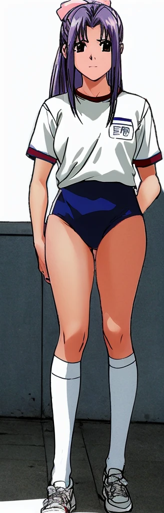 Momoko Koigakubo, a tall girl with beautiful legs, is standing at an angle in a white gym uniform and light navy blue bloomers that look like panties.。Genial look。