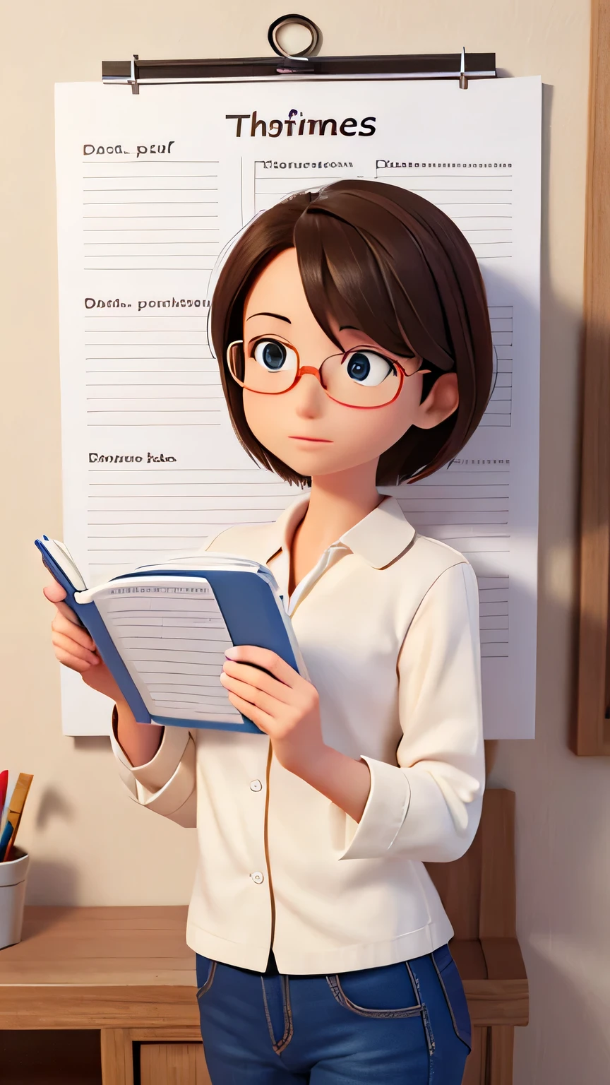 Display an image of a person thinking with a notebook or board with specific, achievable goals written on it.