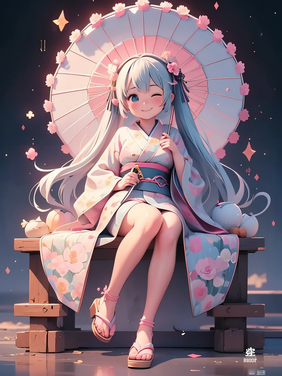 (masterpiece、highest quality、highest quality、Official Art、Beautiful and beautiful:1.2)、(One girl:1.3)Hatsune Miku、Twin tails,Big Breasts,masterpiece, highest quality, One girl, alone, umbrella, kimono, blue eyes, kimono, oil-paper umbrella, smile, Long Hair, Gray Hair, or, Sitting, shoes下, Holding, Multicolored Hair, Sandals, View your viewers, sash, Sandals removed, hair ornaments, Holding umbrella, shoes, Haori, whole body, Happy new year, white shoes下, shoes removed, Wide sleeves, Long sleeve, Parasol, heart, blush, One leg, Pink Hair, Lie in, Floral print, Mouth closed, Blonde