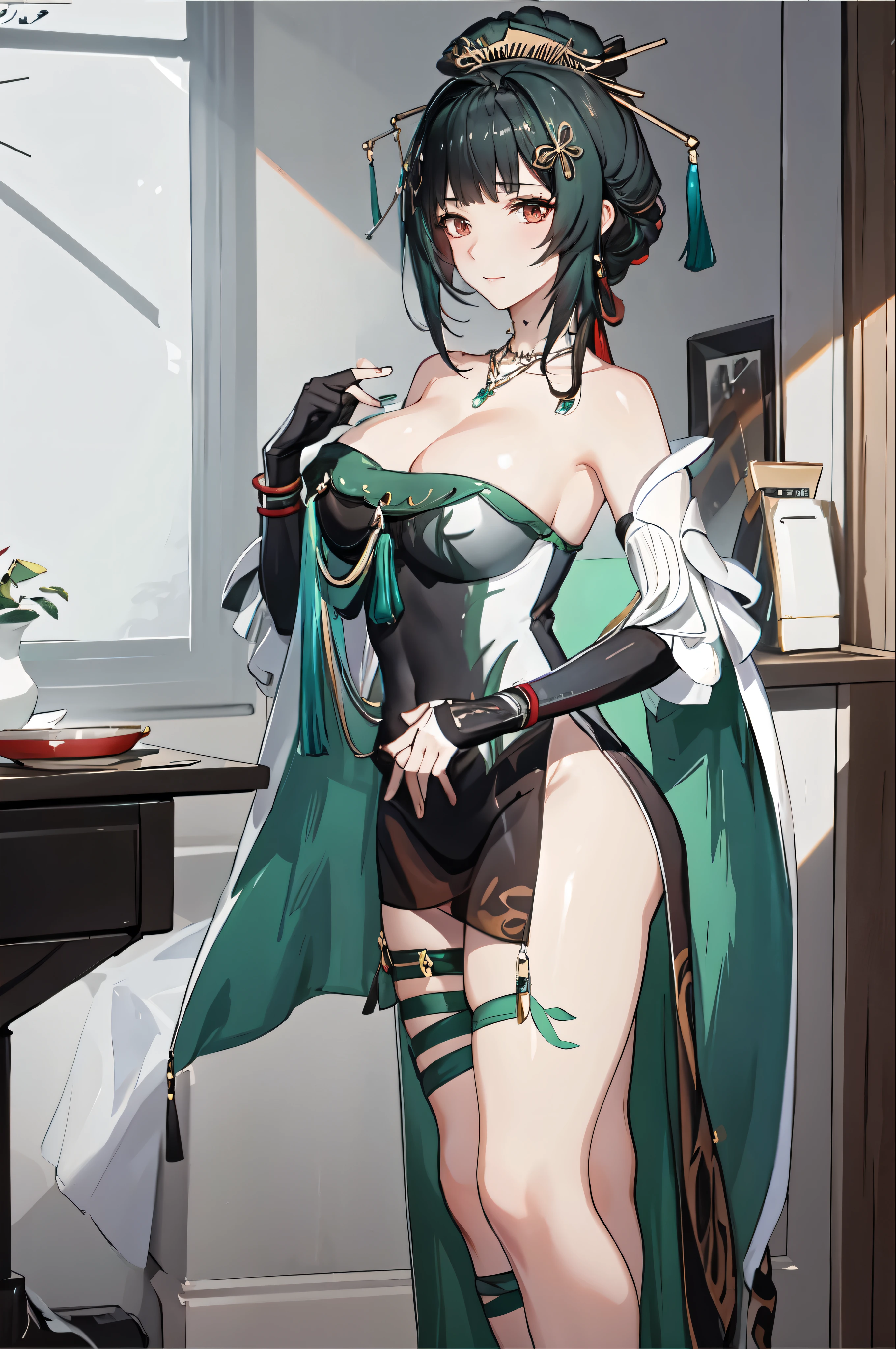 masterpiece, best quality BREAK solo, china dress, highres, 1girl, standing, (large breasts), mature female, hanying, Full body drawing, (masterpiece), (best quality), (hyperdetail), (illustration), ((extremely delicate and beautiful)), (detailed light), (prefect's body), full body drawing, Hanying, HanYing, sexy, sexy belly, sexy belly line, sexy belly button