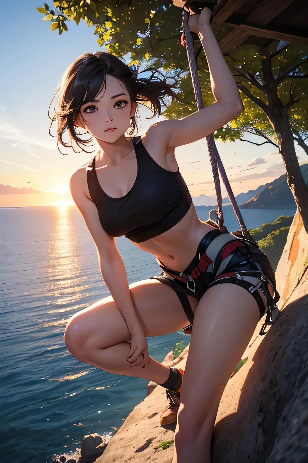 highest quality、High resolution、Detailed Background、(Beautiful face in every detail:1.4)、Anatomically correct、(Draw the usual number of fingers:1.2)、(Detailed facial expressions)、(Detailed eyes:1.2)、(Detailed eyes:1.2)、Beautiful, smooth skin、age beauty、(Highly detailed face:1.4)、Cute color hair color、ponytail、Bobcut、well-groomed eyebrows、Cowboy Shot、

(Beautiful girl climbing in nature:1.5)、

Enjoy climbing while feeling the breeze under the blue sky、Mountain々Enjoy bouldering in the beautiful valleys and gorges that stretch between、
Enjoy rock climbing on the rocks and cliffs near the sea、The ocean views from the cliffs are particularly spectacular.、
Enjoy climbing at sunrise or sunset、The sunset time creates a romantic atmosphere.、
Trees in a natural forest々Enjoy bouldering on the rocks.、You can enjoy colorful and beautiful scenery.