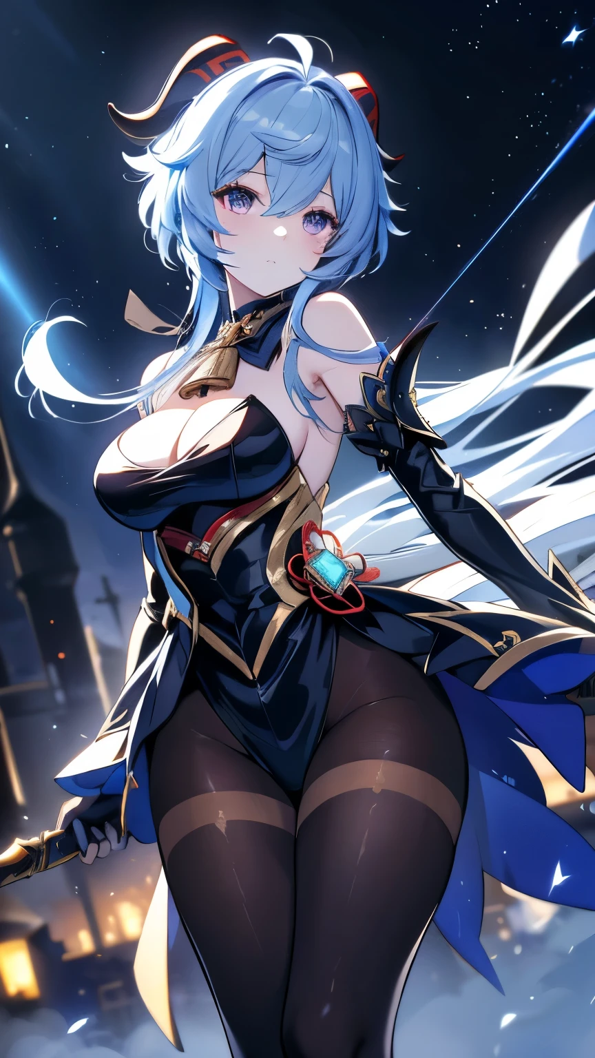 ((Hired \(Genshin Impact\))))((masterpiece、8L、War Photos、highest quality、Realistic painting style、Cinema Lighting、Backlight)) Medium chest、Great cleavage,A little bit of side boob is visible、Neck length laser tights、One Girl, alone,Long legs、Thin legs、Perfect Style、Long Hair, Blue Hair, Purple eyes,Horn、Neck bell, Black 80 denier pantyhose, Removable sleeves, Black gloves, Pelvic Curtain、Dynamic pose, Has a bow weapon, Starry Sky、Night view, (Particles of light: 1.1), Thick Fog