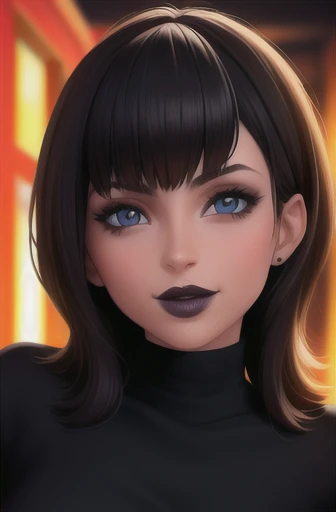 (tema oscuro:0.6), mevis, 1 chica, cabello corto, pelo negro, ojos negros, constituir, lipstick, Labios negros , sonrisa (hdr:1.22), colores apagados,imagen de cuerpo completo, fondo complejo, hiperdetallado, arte [[por jordan grimmer]]