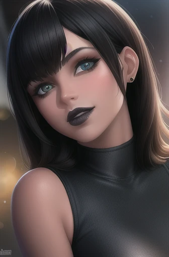 (tema oscuro:0.6), mevis, 1 chica, cabello corto, pelo negro, ojos negros, constituir, lipstick, Labios negros , sonrisa (hdr:1.22), colores apagados,imagen de cuerpo completo, fondo complejo, hiperdetallado, arte [[por jordan grimmer]]