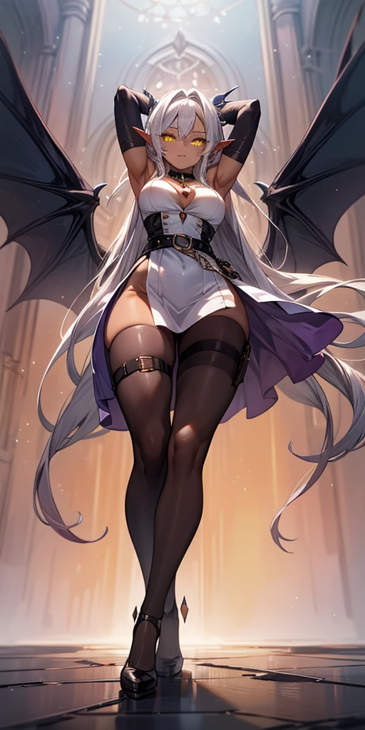 Pirotess dark elf. 1solo girl Qun Qun Na Olganite dark skin elf succubus, white silver long hair, yellow eyes, white dress, black stockings, white high heels, jewelry necklace, fur coat, big belt heart shaped, portrait full body view from below, detached sleeves arms up showing shaved armpits