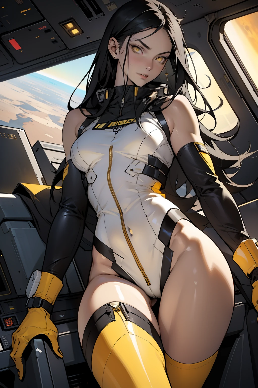 1 girl, black hair, yellow eyes, very long hair, pale skin, fit body, slender body, slim waist, large breasts, (confident expression), pilot suit, thigh gap, bare thighs, sleeveless, show bare legs, fit thighs, sitting in a cockpit of a spacecraft, view from the floor