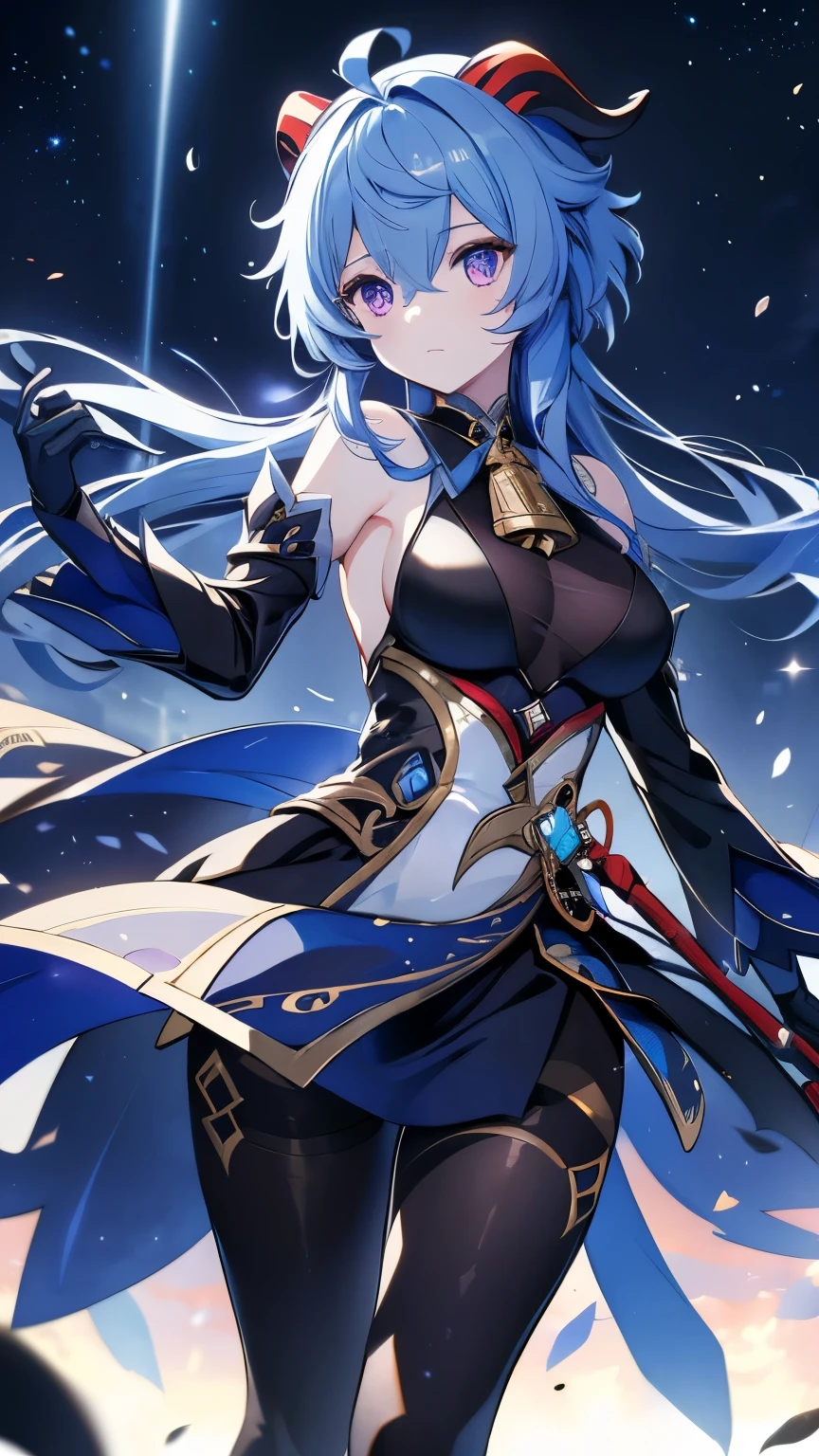 ((Hired \(Genshin Impact\))))((masterpiece、8L、War Photos、highest quality、Realistic painting style、Cinema Lighting、Backlight)) Medium chest、Great cleavage,A little bit of side boob is visible、Neck length laser tights、One Girl, alone,Long legs、Thin legs、Perfect Style、Long Hair, Blue Hair, Purple eyes,Horn、Neck bell, Black 80 denier pantyhose, Removable sleeves, Black gloves, Pelvic Curtain、Dynamic pose, Has a bow weapon, Starry Sky、Night view, (Particles of light: 1.1), Thick Fog