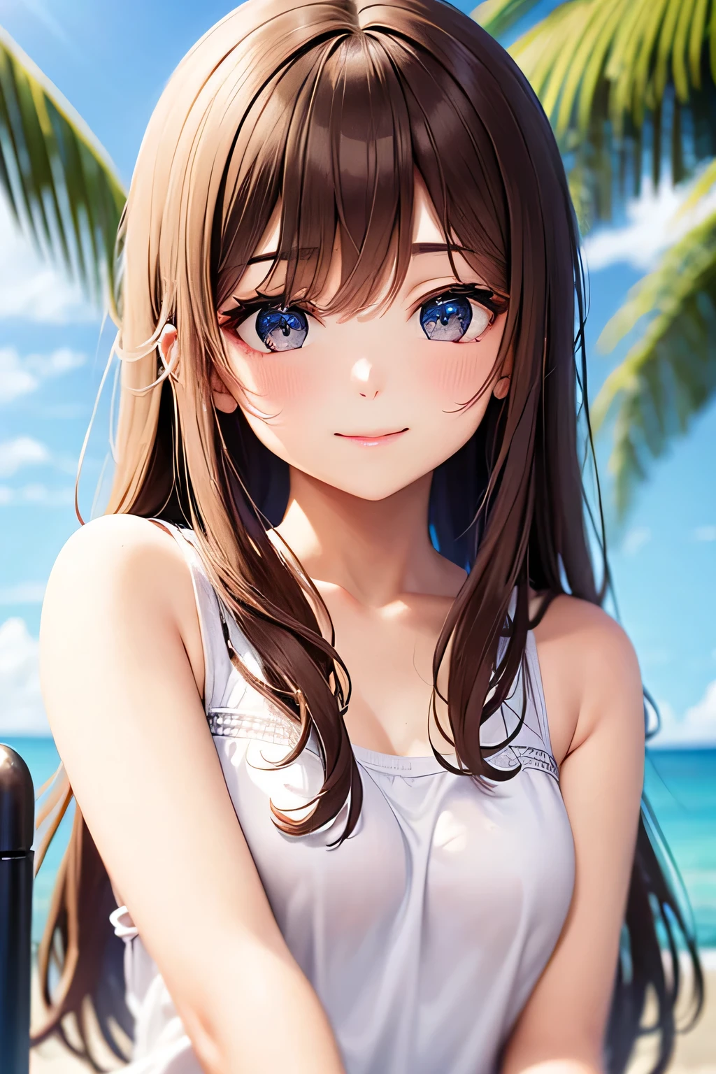 Official art、Top quality ultra-detailed CG art、barechested：１.２）、Brown hair、lively girl、white t-shirts、Transcendent Cute、kirakira、ssmile、Hide and seek、the beach、clean、