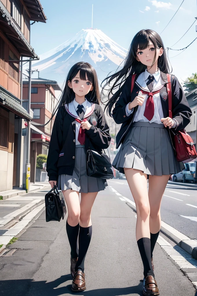 (masterpiece, best quality:1.1),
(8k, best quality, masterpiece, ultra highres, ultra-detailed:1.2),2girls in school uniforms walking down the street, two japanese schoolgirls posing, seifuku,japanese, japan travel aesthetic, mount fuji in the background, japanese live-action movie, anime style mixed with fujifilm, high school girls, Illustration by okama,