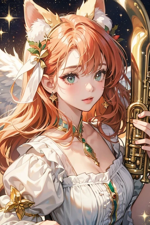 She is portrayed as a Christmas tree ornament, which is a mix of a cat and an angel, hence her name. She also carries a trumpet, although it is destroyed later. Her lines consist exclusively of Christmas-related wisdom, often melting the hearts of those present in the process. SPARKLE; GLITTER