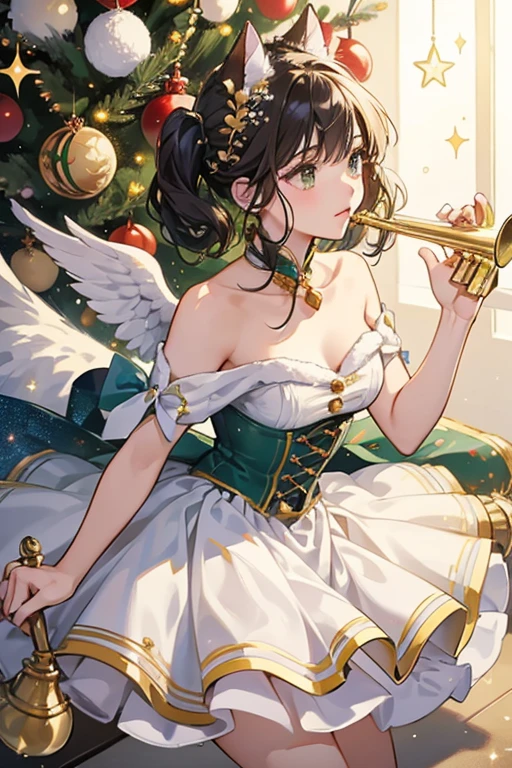 She is portrayed as a Christmas tree ornament, which is a mix of a cat and an angel, hence her name. She also carries a trumpet, although it is destroyed later. Her lines consist exclusively of Christmas-related wisdom, often melting the hearts of those present in the process. SPARKLE; GLITTER