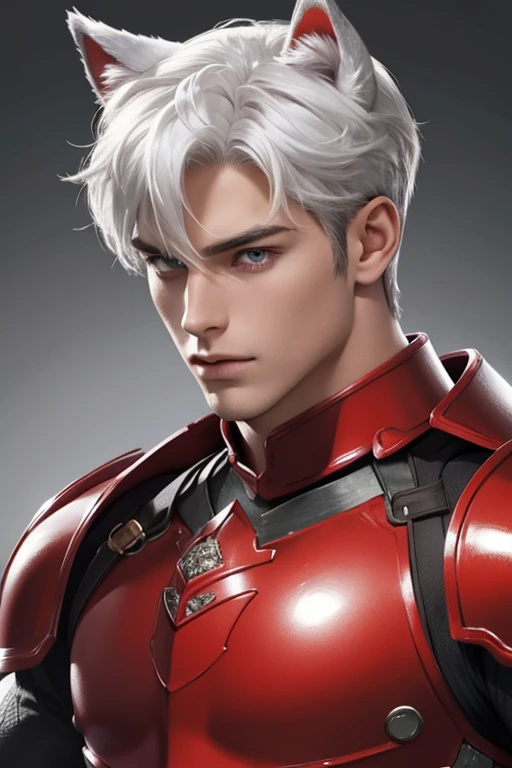 Full Body photorealistic 4k, high resolution, best quality, masterpiece, perfect color, perfect shade, perfect lighting, Posted by e621, ((portrait)), ((handsome man)), perfect male figure, Short hair details,chest muscles,abdominal muscles,Naked torso,Detailed face, perfect face, (stood up), Detailed background, ((Bonifasco Lighting)), (delicate eyes),((red armor)),((animal ears)),white hair