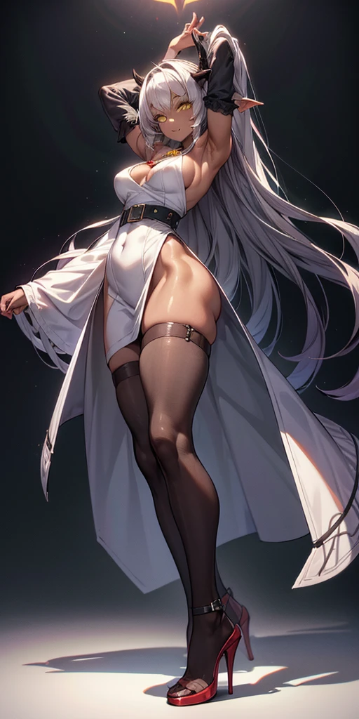 Pirotess dark elf. 1solo girl Qun Qun Na Olganite dark skin elf succubus, white silver long hair, yellow eyes, white dress, black stockings, white high heels, jewelry necklace, fur coat, big belt heart shaped, portrait full body view from below, detached sleeves arms up showing shaved armpits