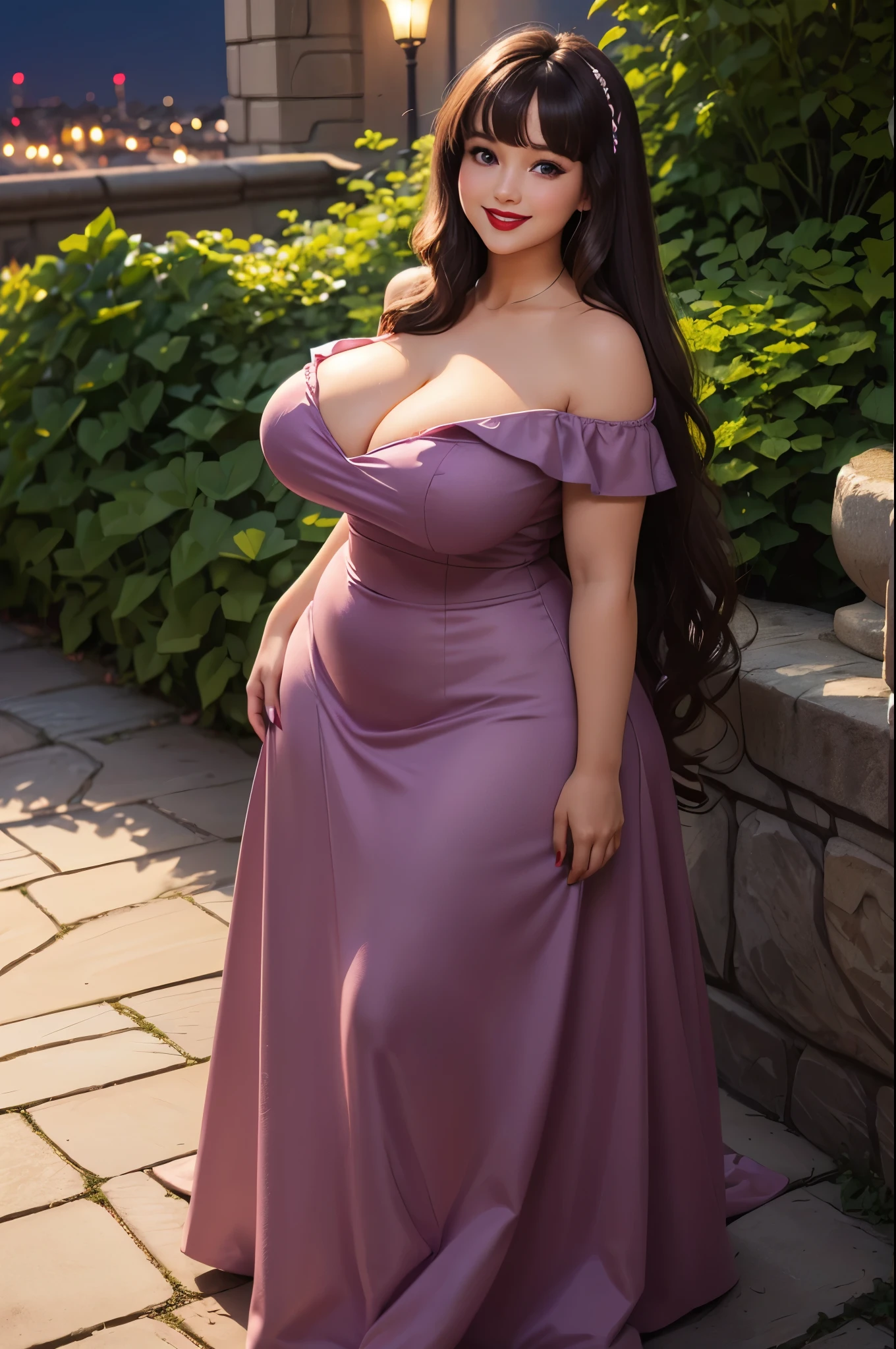 DisneyAurora 27 years old, full body shot, Beautiful woman (((shoulder length wavy brunette hair))) (bangs:1.2) (red dress, long skirt) (purple eyes) defined body, Red lipstick, smiling, hands free, standing, (very full figure, curvy, chubby, very soft, very thick, big breasts, fat thighs) (huge_breasts:1.1) , penthouse garden city night, (curvy:1.1)