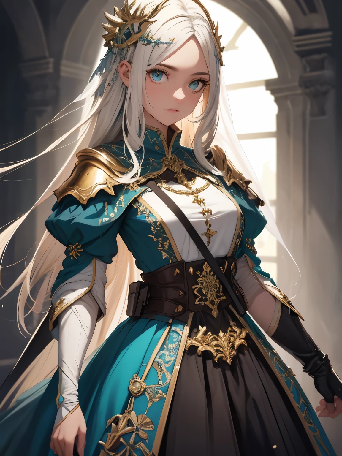 melhor qualidade,illustration,oil painting,ultra-detalhado,garota vestida de branco com chifres dourados e armas douradas,lindos olhos e rosto detalhados,cores vivas,studio lighting