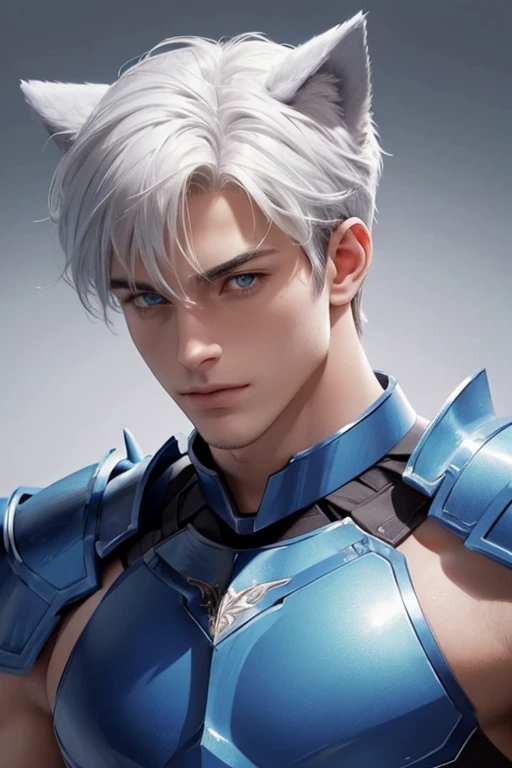 Full Body photorealistic 4k, high resolution, best quality, masterpiece, perfect color, perfect shade, perfect lighting, Posted by e621, ((portrait)), ((handsome man)), perfect male figure, Short hair details,chest muscles,abdominal muscles,Naked torso,Detailed face, perfect face, (stood up), Detailed background, ((Bonifasco Lighting)), (delicate eyes),((Blue armor)),((animal ears)),white hair
