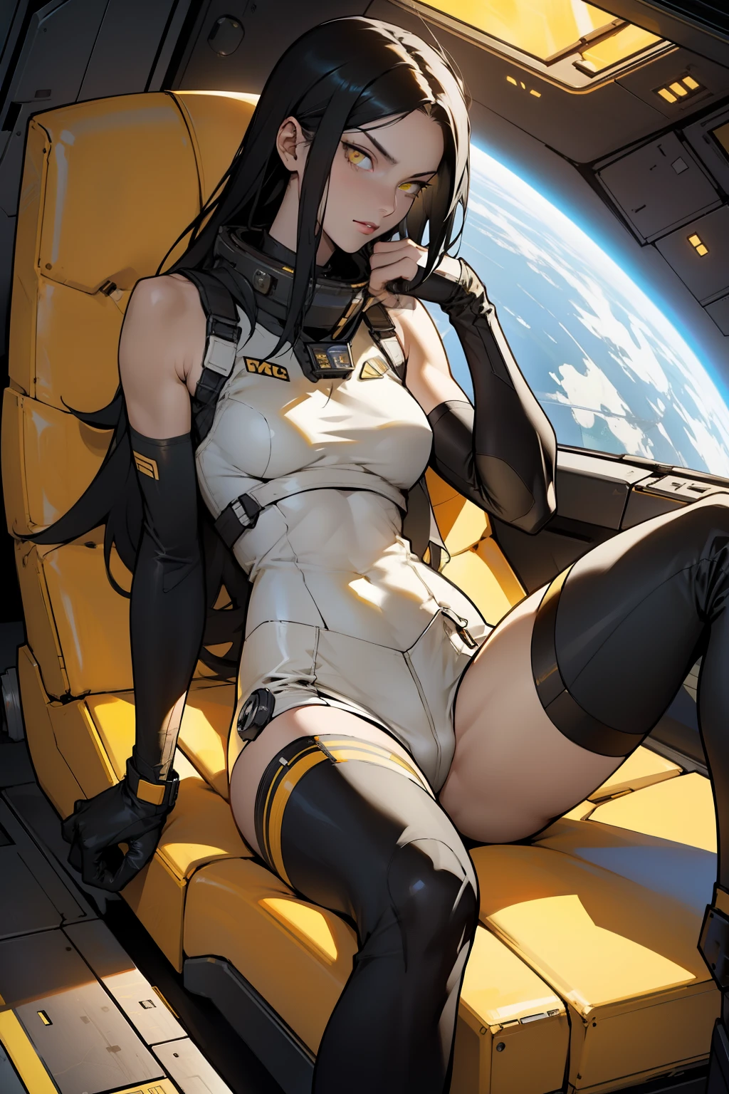 1 girl, black hair, yellow eyes, very long hair, pale skin, fit body, slender body, slim waist, large breasts, (confident expression), pilot suit, thigh gap, bare thighs, sleeveless, show bare legs, fit thighs, sitting in a cockpit of a spacecraft, view from the floor