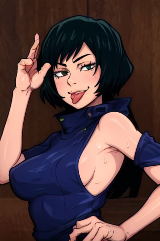 masterpiece, best quality, mai zenin, looking at viewer, green hair, large breasts, upper body, portrait, looking at viewer, seductive smile, sticking her tongue out,both hands raised, armpits, armpits visible, sweaty armpits,