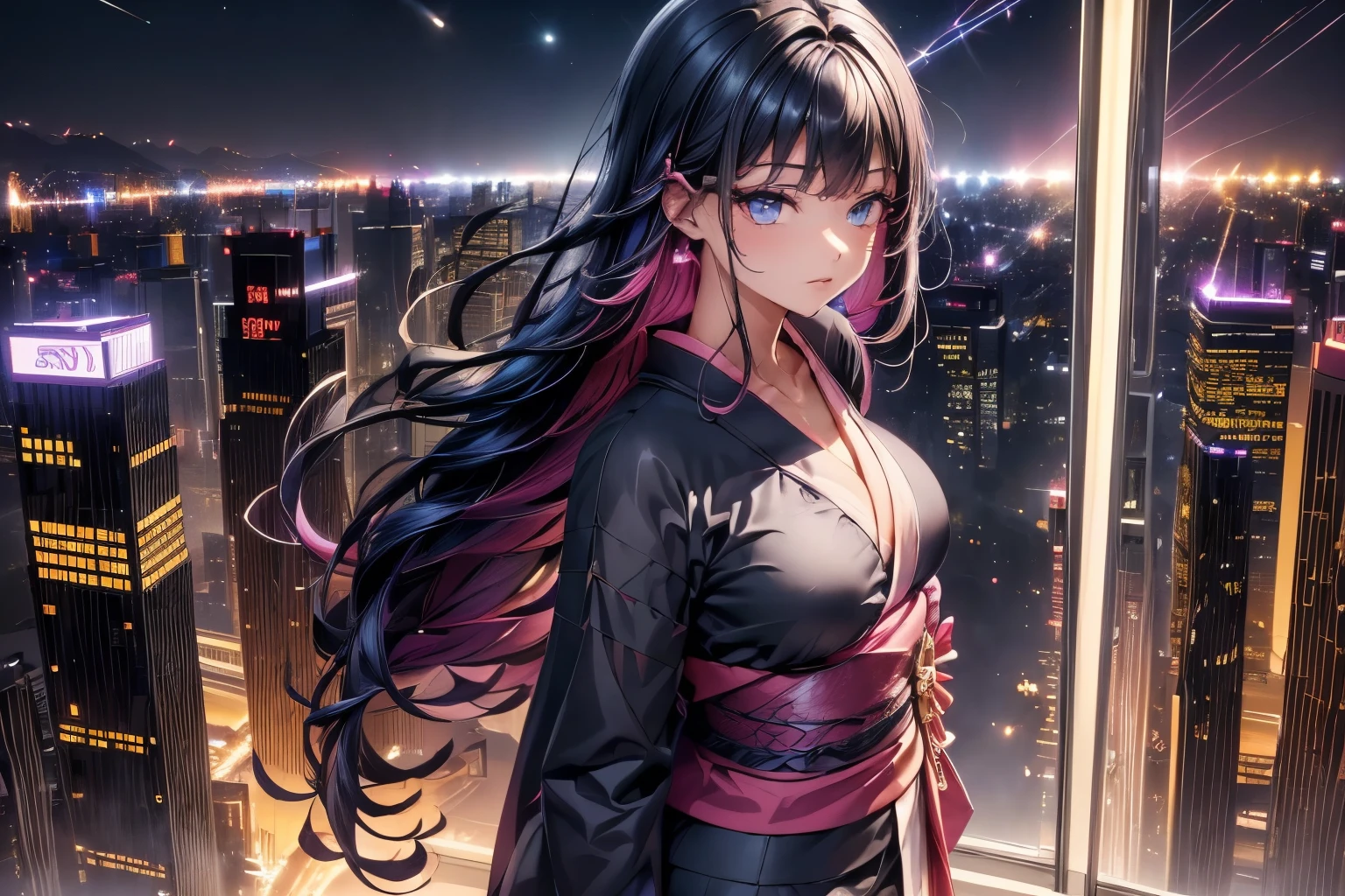 anime, (obra de arte, melhor qualidade, ultra-detalhado, alto contraste), 1 mulher (Sozinho, corpo todo, corpo plus size, standing on the edge of the skyscraper, cabelo prateado, CABELO LONGO E FLUXO, olhos vermelhos brilhantes de rubi, (Kimono preto, black cybernetics with neon pink), meias pretas transparentes), (skyscraper roof, com vista para uma cidade, fundo detalhado ((night time, Darkness, low light pollution)))