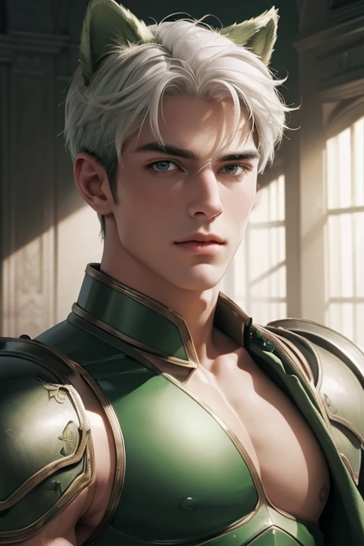 Full Body photorealistic 4k, high resolution, best quality, masterpiece, perfect color, perfect shade, perfect lighting, Posted by e621, ((portrait)), ((handsome man)), perfect male figure, Short hair details,chest muscles,abdominal muscles,Naked torso,Detailed face, perfect face, (stood up), Detailed background, ((Bonifasco Lighting)), (delicate eyes),((green armor)),((animal ears)),white hair