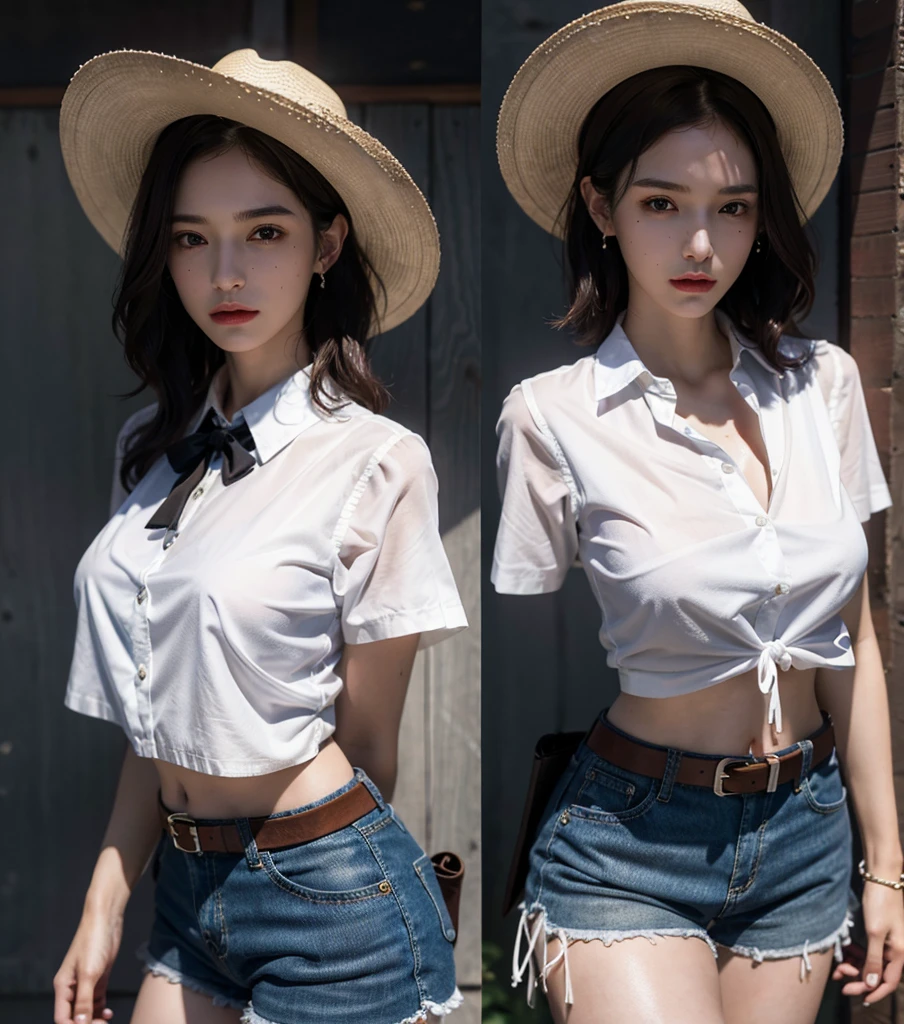 absurdres, RAW photo, extremely delicate and beautiful, masterpiece, Best Quality, ultra high resolution, 32k, hyperrealistic, ultra-detailed, perfect anatomy, anatomically correct, perfect figure, super Detailed skin, pale skin, 20 years old, very Slim body, narrow waist, very small head, very small face, delicate facial features, detailed face, detailed eyes, tearful mole, earring, thin legs, bare legs, ((very huge round breasts)), short medium hair, ((wavy hair)), wet clothes, ((alone)), ((collared white shirt)), ((cowgirl costume)), vest, cowboy hat, fingerless gloves, midriff, neckerchief, shorts, ((holster)),