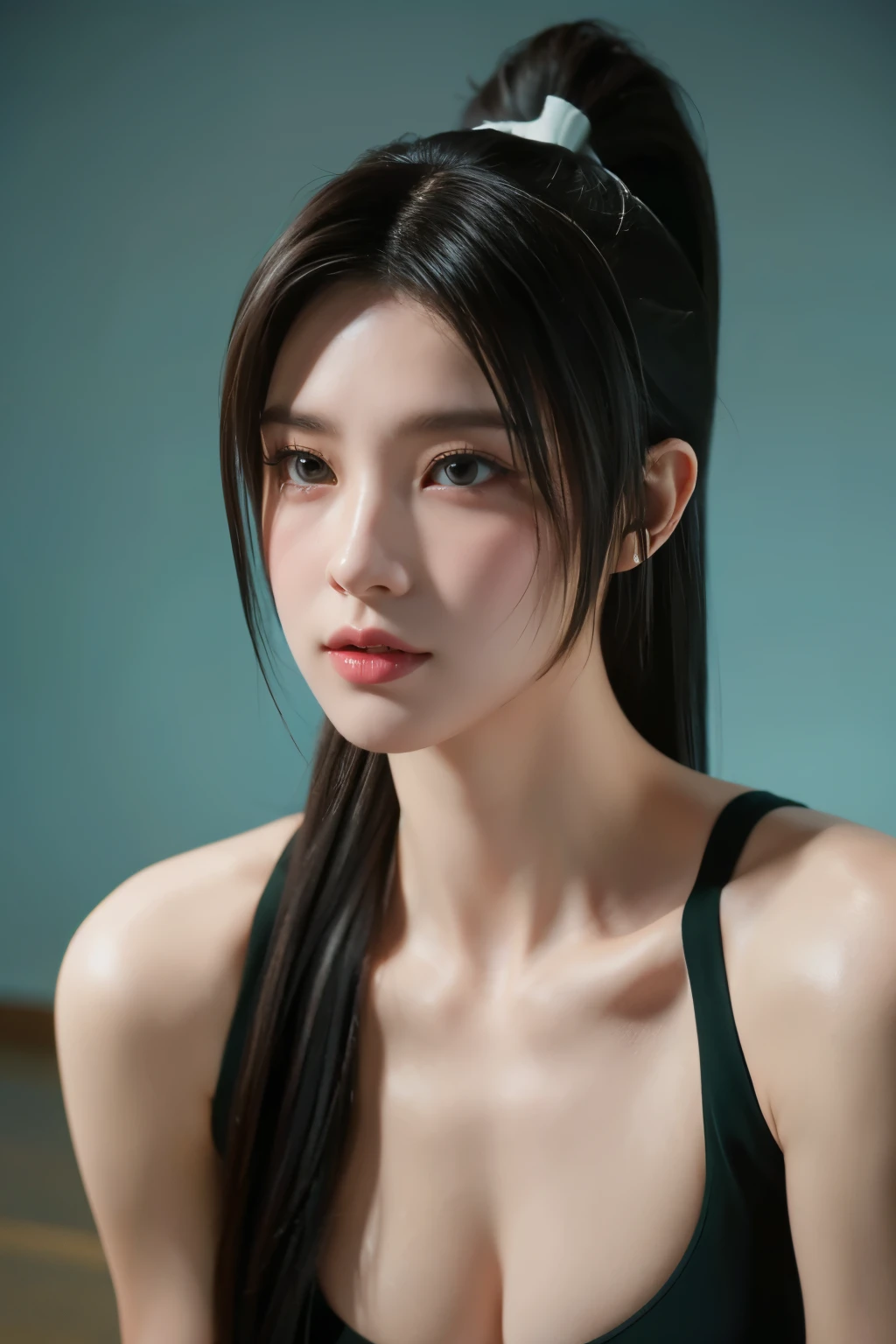 tmasterpiece,Best quality at best,A high resolution,8K,(portrait),(Close up of avatar),(RAW photogr),real photograph,digital photography,(Sports Girl),20-year-old girl,long ponytail hairstyle,By bangs,(black blonde hair),(green eyes),Serious and charming,A plump chest,cleavage,Keep your mouth shut,elegant and charming,serious and arrogant,Calm and handsome,(Modern style female athletes),Photo pose,Realistic style,gray world background,oc render reflection texture