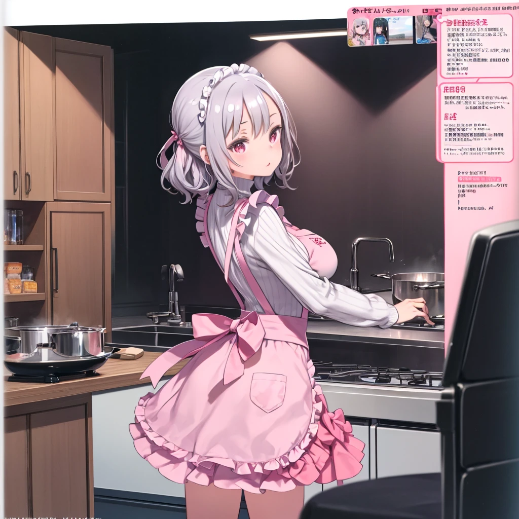 masterpiece、highest quality、High resolution、Very detailed、Medium wide shot、Girl、Beautiful red eyes、Silver Hair、Curled hair、Big Breasts、Gray turtleneck sweater、Long sleeve、((Pink frilly apron))、mini skirt、laughing、Looking Back、Leaning body、Back view、kitchen、Watching the audience、