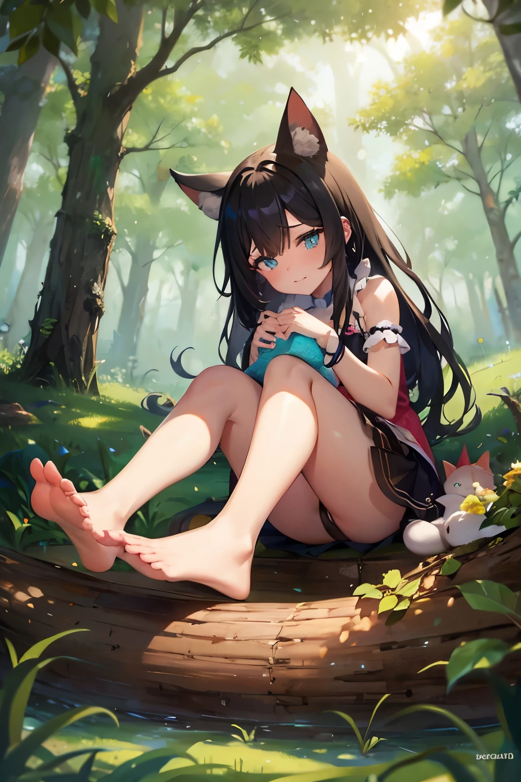 Uma mulher com orelhas de gato e cauda de gato, em uma floresta densa, sitting on the ground with her foot stuck in a tree trunk, with sad expression and crying