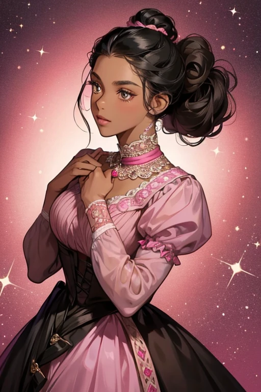 Angelica Schuyler is a dark-skinned woman with curly black hair and she usually wears down, in a ponytail, or in a bun. She is tall and slender, with dark brown eyes.
 she wears a traditional 1700s dress, in a saturated pink. SPARKLE; GLITTER